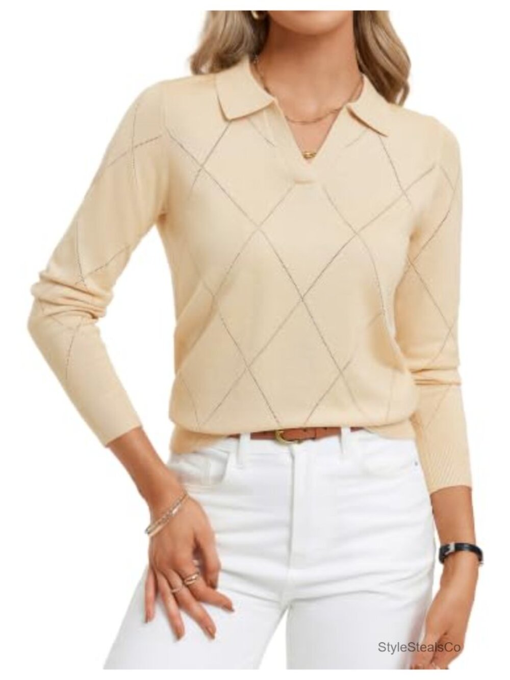 Cozy V Neck Knit Collared Polo Pullover Sweater for Fall
